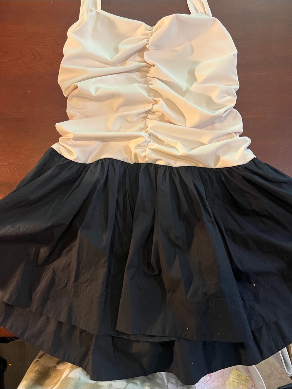 Anthropologie Maeve Cream Ruched Bodice Black Tiered Skirt Dress 2292